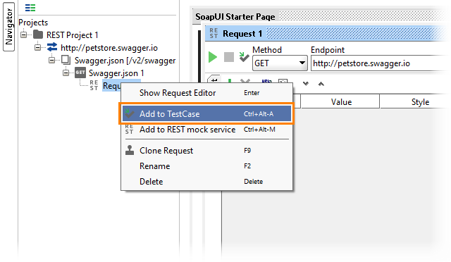 Adding a REST request to a test case