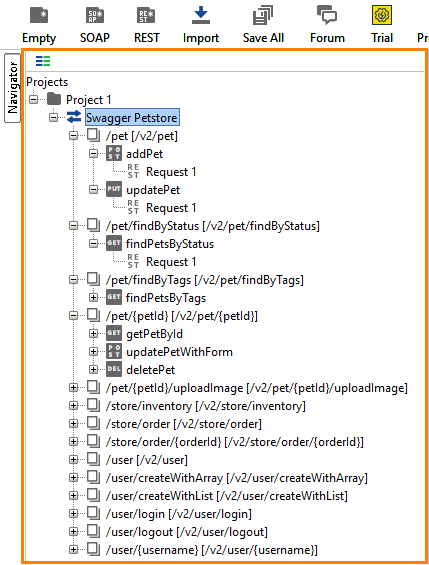 REST testing: Project in the Navigator panel