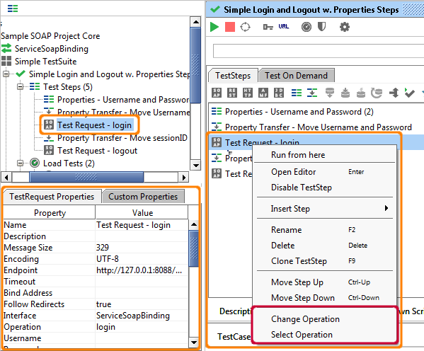 A selected TestStep with its popup menu and properties selected-teststep-actions