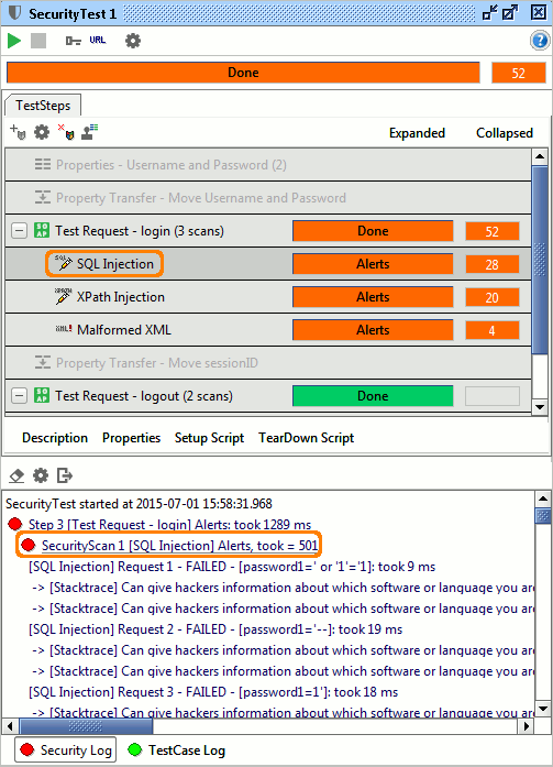 Selected security scan in log