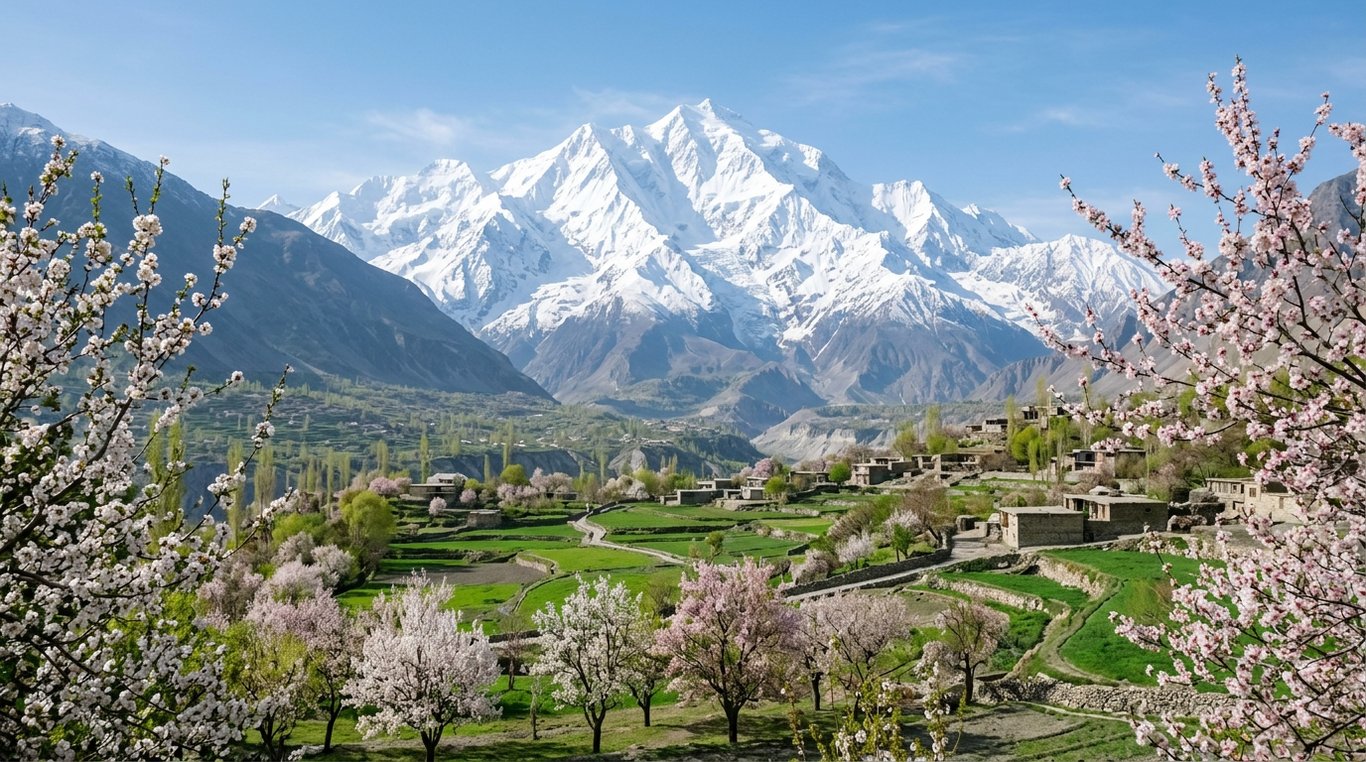 Hunza Valley in spring with Baltit Fort above Karimabad and Rakaposhi peak in the background, Gilgit-Baltistan, Pakistan