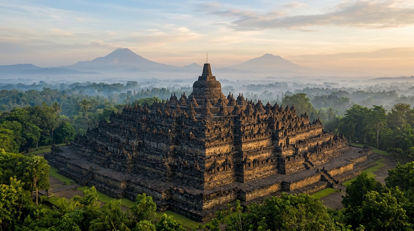 Borobudur Buddhist temple at dawn with volcanic peaks rising behind, Central Java, Indonesia