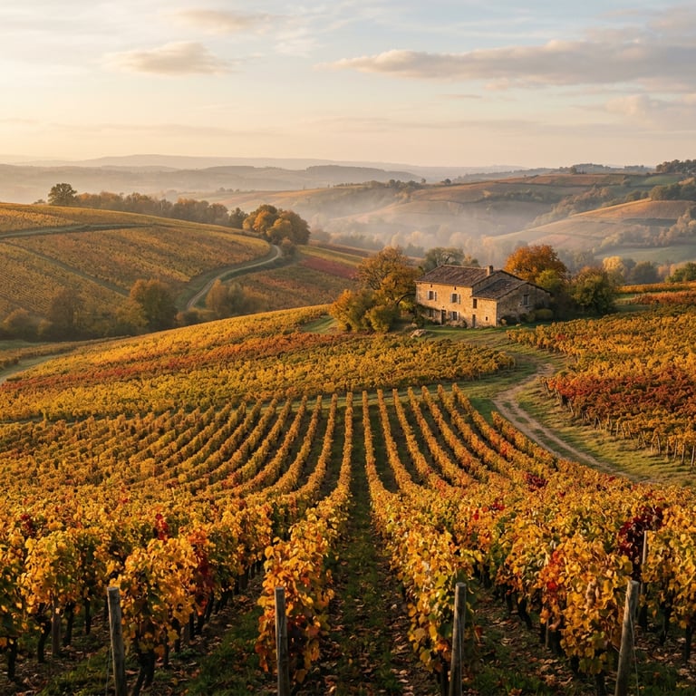 Vine rows in the Beaujolais wine region north of Lyon with golden autumn leaves and a stone farmhouse in the background, Auvergne-Rhône-Alpes, France