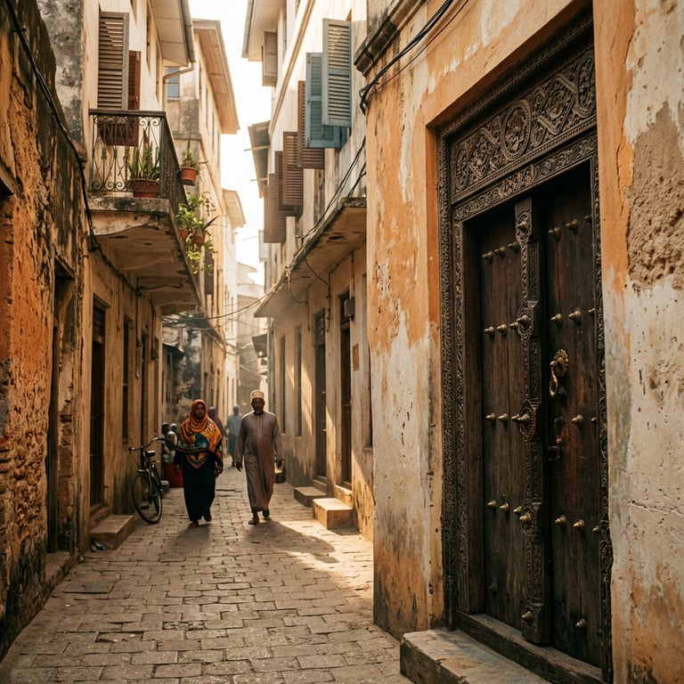 Narrow lane of coral-stone mansions with ornate carved wooden doors in Stone Town, the historic UNESCO World Heritage trading quarter of Zanzibar, Tanzania