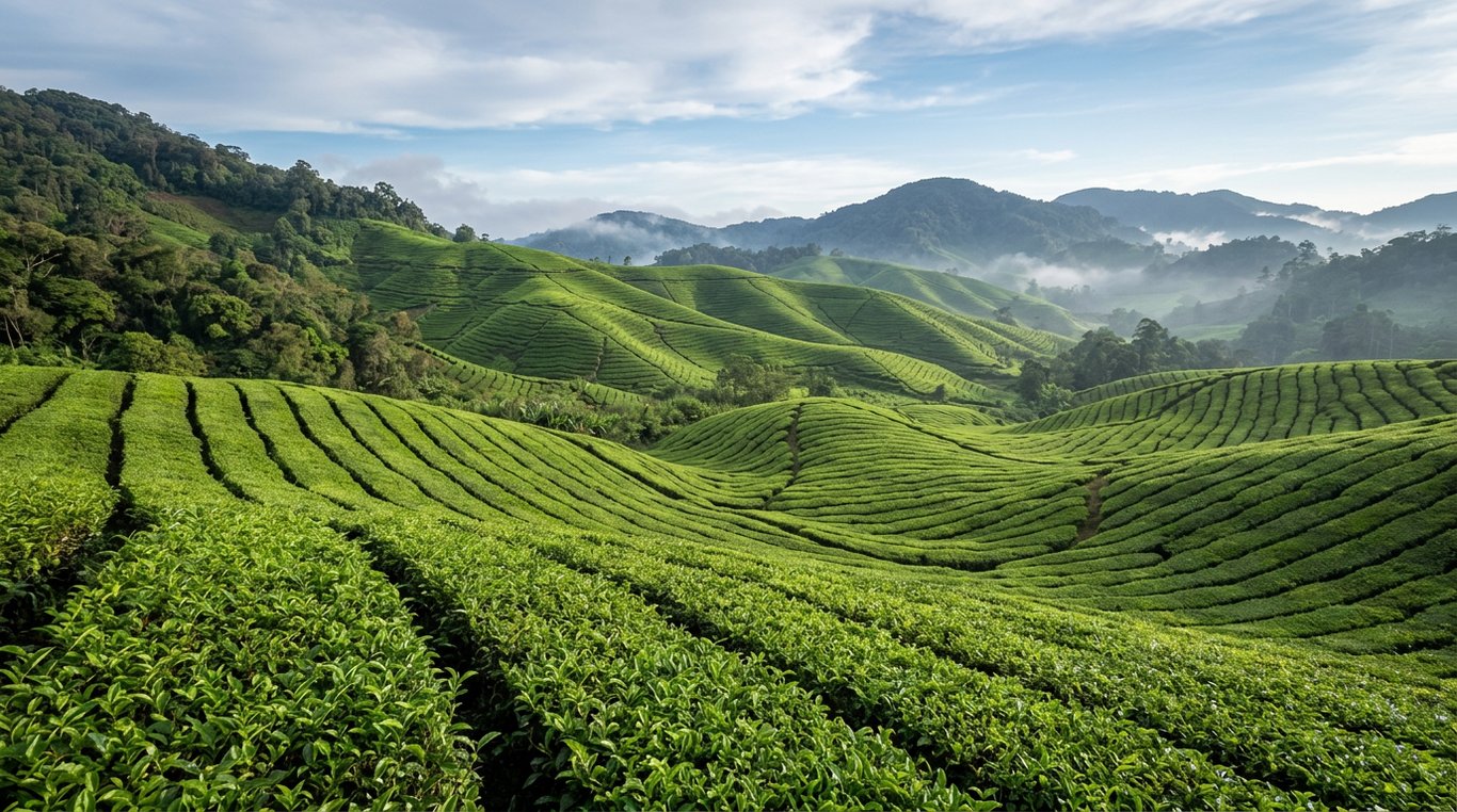 Tea plantation rows on the hillside at BOH Sungai Palas estate, Cameron Highlands, Pahang, Malaysia