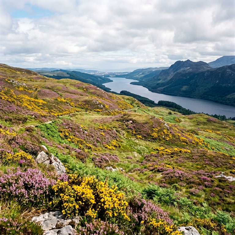 Yellow gorse and purple heather on a Highland hillside above Loch Ness in late May with blue sky and Inverness visible in the distance, Scottish Highlands, Scotland