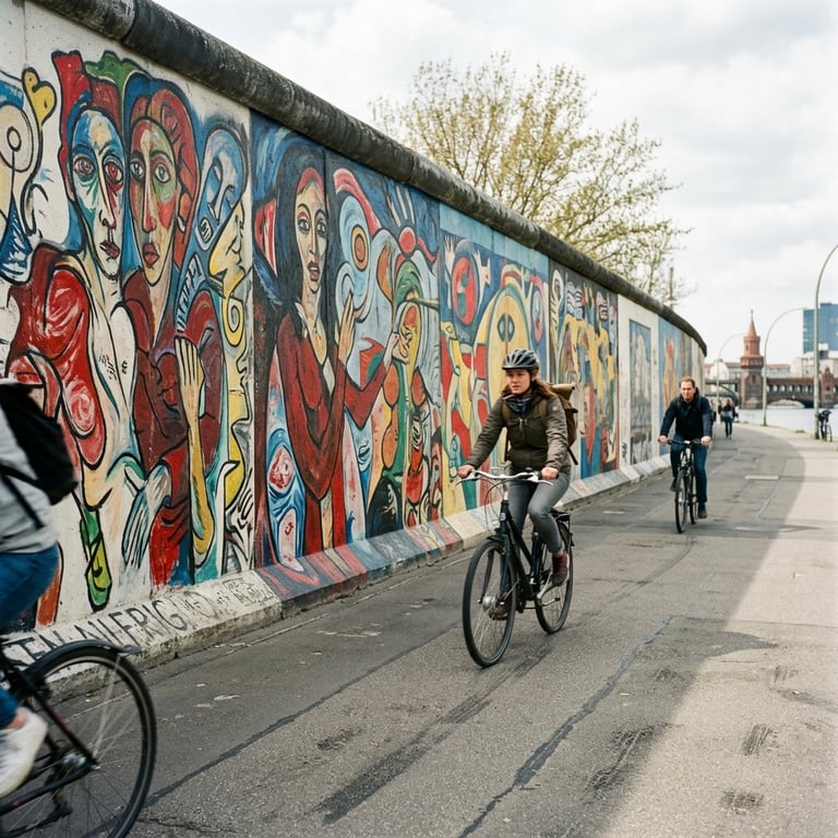 Cyclists passing the East Side Gallery murals on the longest remaining section of the Berlin Wall, Friedrichshain, Berlin, Germany