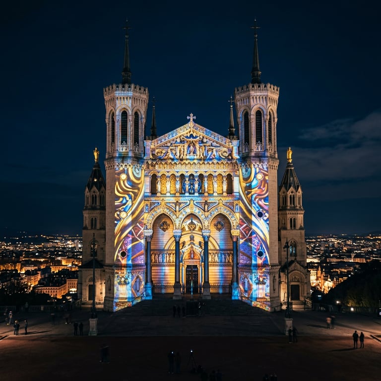 Lyon Fête des Lumières light installation projecting colours onto the facade of the Basilique Notre-Dame de Fourvière at night, Lyon, France