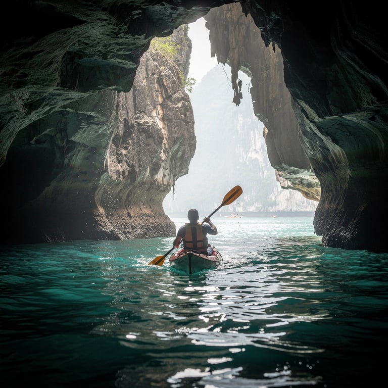 Kayaker paddling through a narrow cave opening between limestone karst walls on Ha Long Bay, Quang Ninh, Vietnam