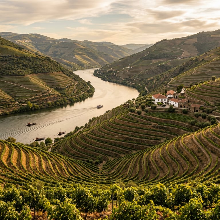 Terraced port wine vineyards stepping down to the Douro River at golden hour with a quinta estate and river boats below, Douro Valley, Portugal