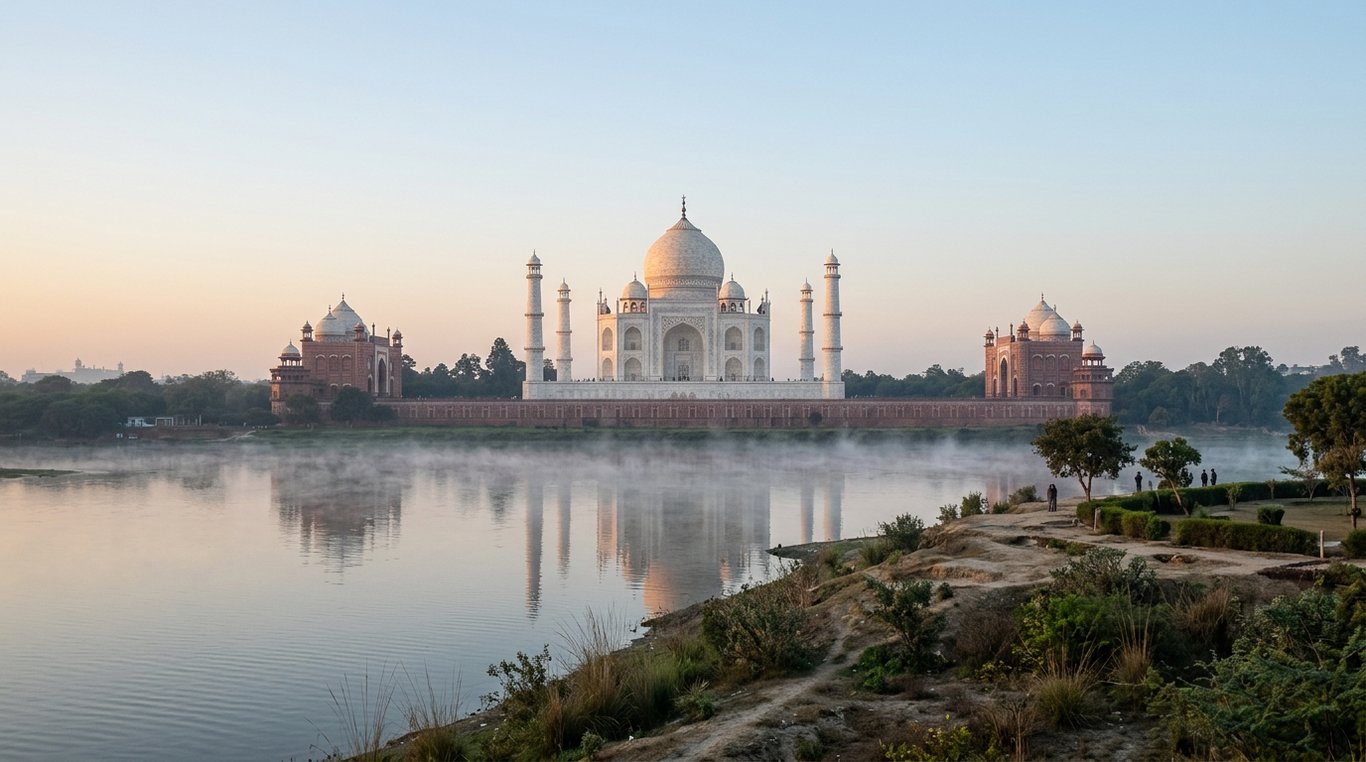 Clear winter morning at the Taj Mahal with mist over the Yamuna River, Agra, Uttar Pradesh, India