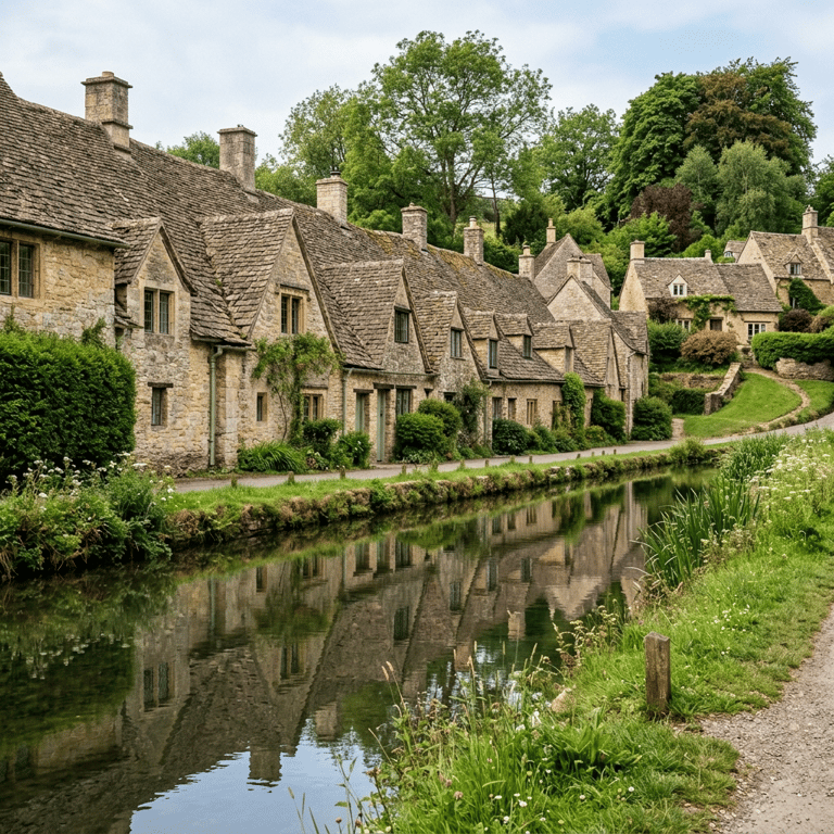 Bibury's Arlington Row — a row of 14th-century weavers' cottages in honey-coloured Cotswolds limestone reflected in the River Coln, Bibury, Cotswolds, England