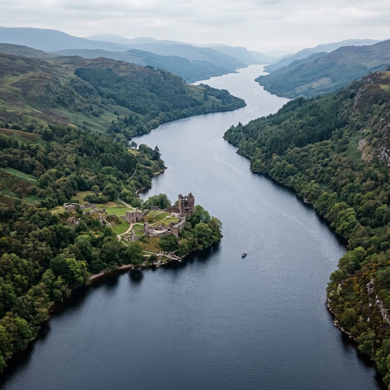 Loch Ness stretching southwest from Inverness with Urquhart Castle ruins on the western shore and forested Highland hills, Scotland