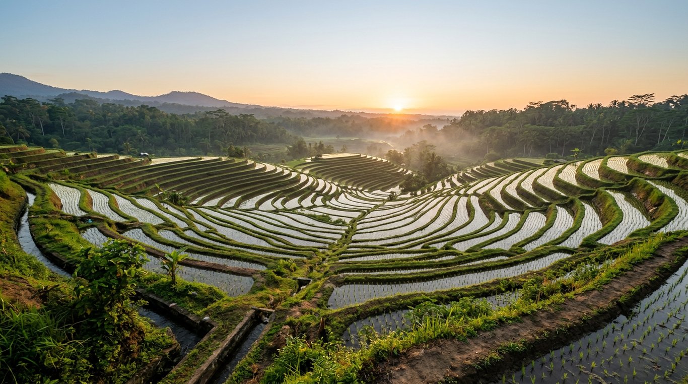 Terraced rice fields at sunrise in the Tegallalang valley near Ubud, Bali, Indonesia