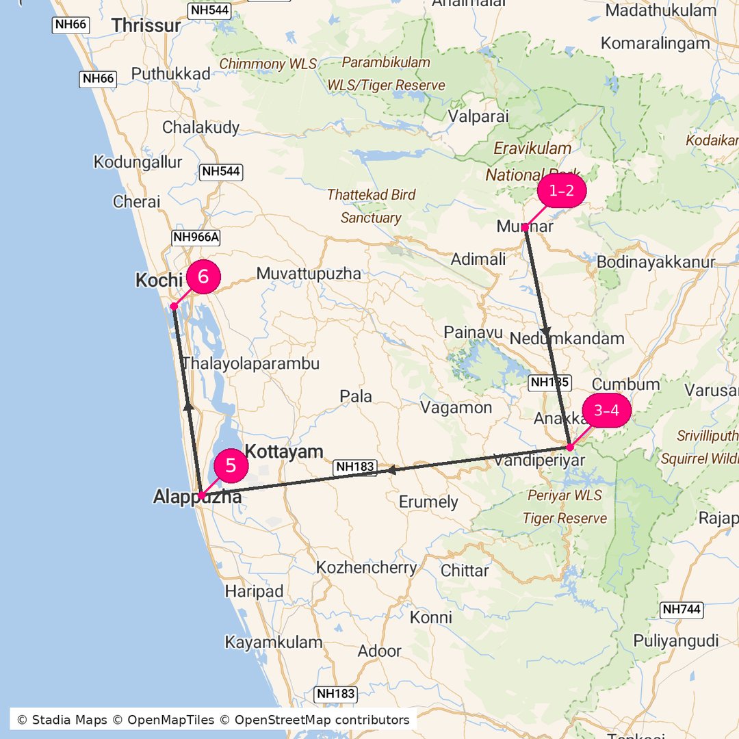 Itinerary route map for Munnar Kerala Retreat