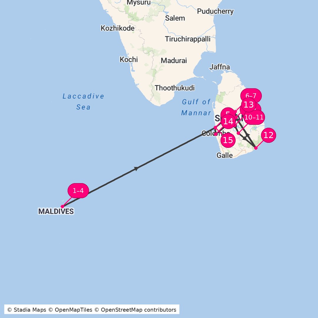 Itinerary route map for Maafushi to Sri Lanka Explorer