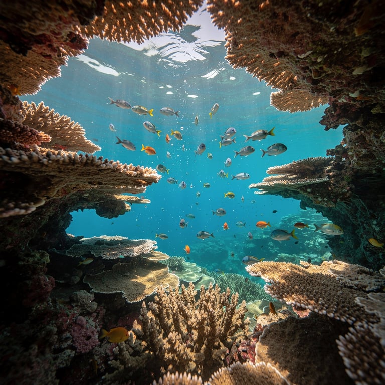 Snorkeller hovering above a shallow coral reef with tropical fish in the Red Sea, Aqaba Marine Park, Jordan