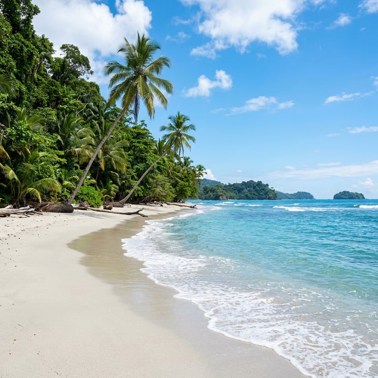 White sand beach and rainforest meeting the sea at Manuel Antonio National Park, Costa Rica