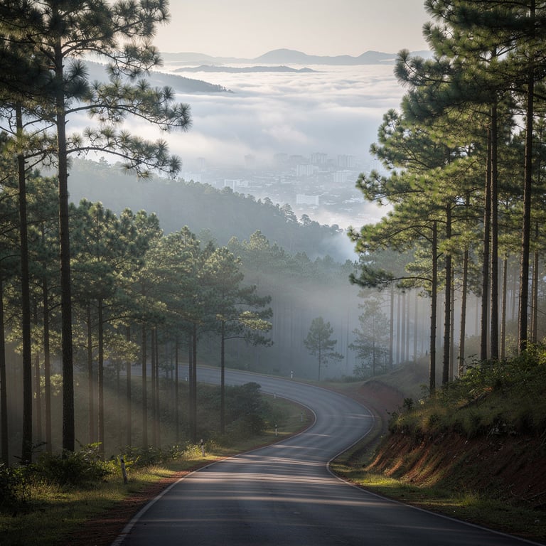 Pine forest road winding through morning mist above Dalat city in the Central Highlands, Lam Dong Province, Vietnam