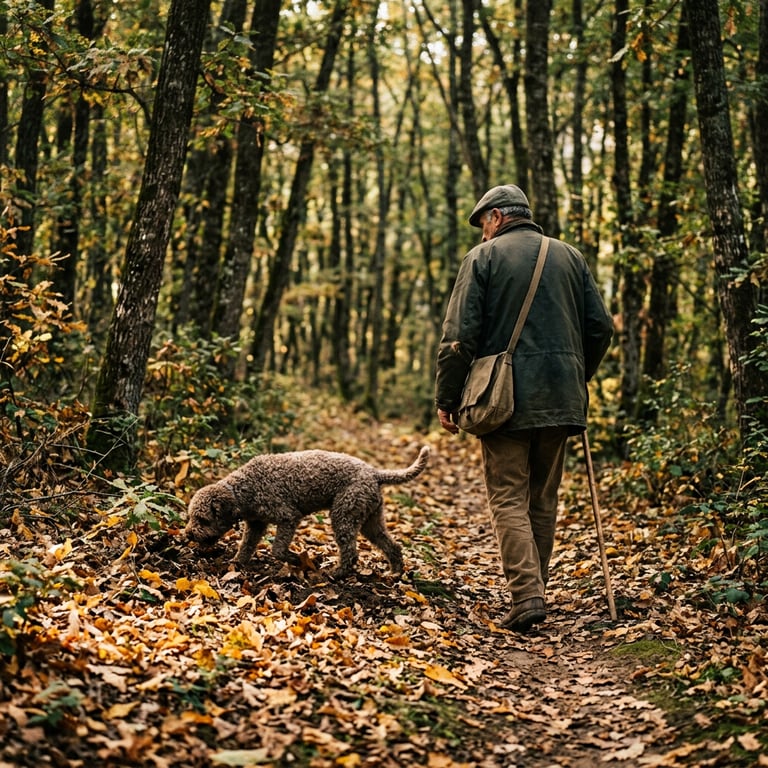 Truffle hunter with a dog in an oak forest in the Tuscan hills in October, Valdarno, Tuscany, Italy