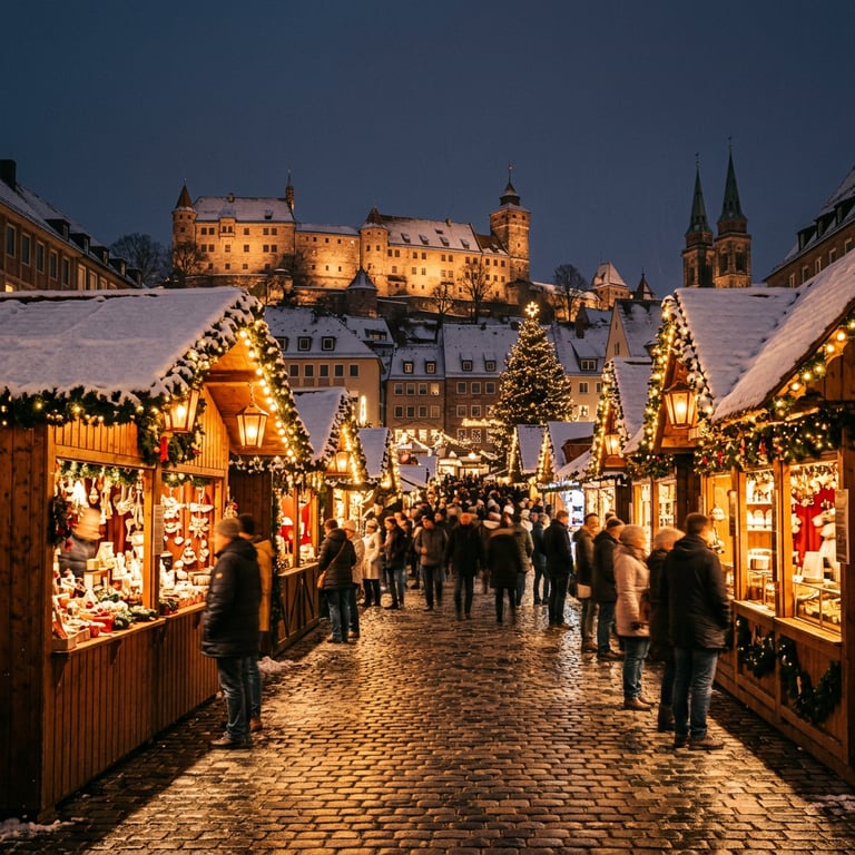 Nuremberg Christkindlesmarkt at night with glowing wooden stalls, snow on the rooftops, and Nuremberg Castle illuminated above, Bavaria, Germany