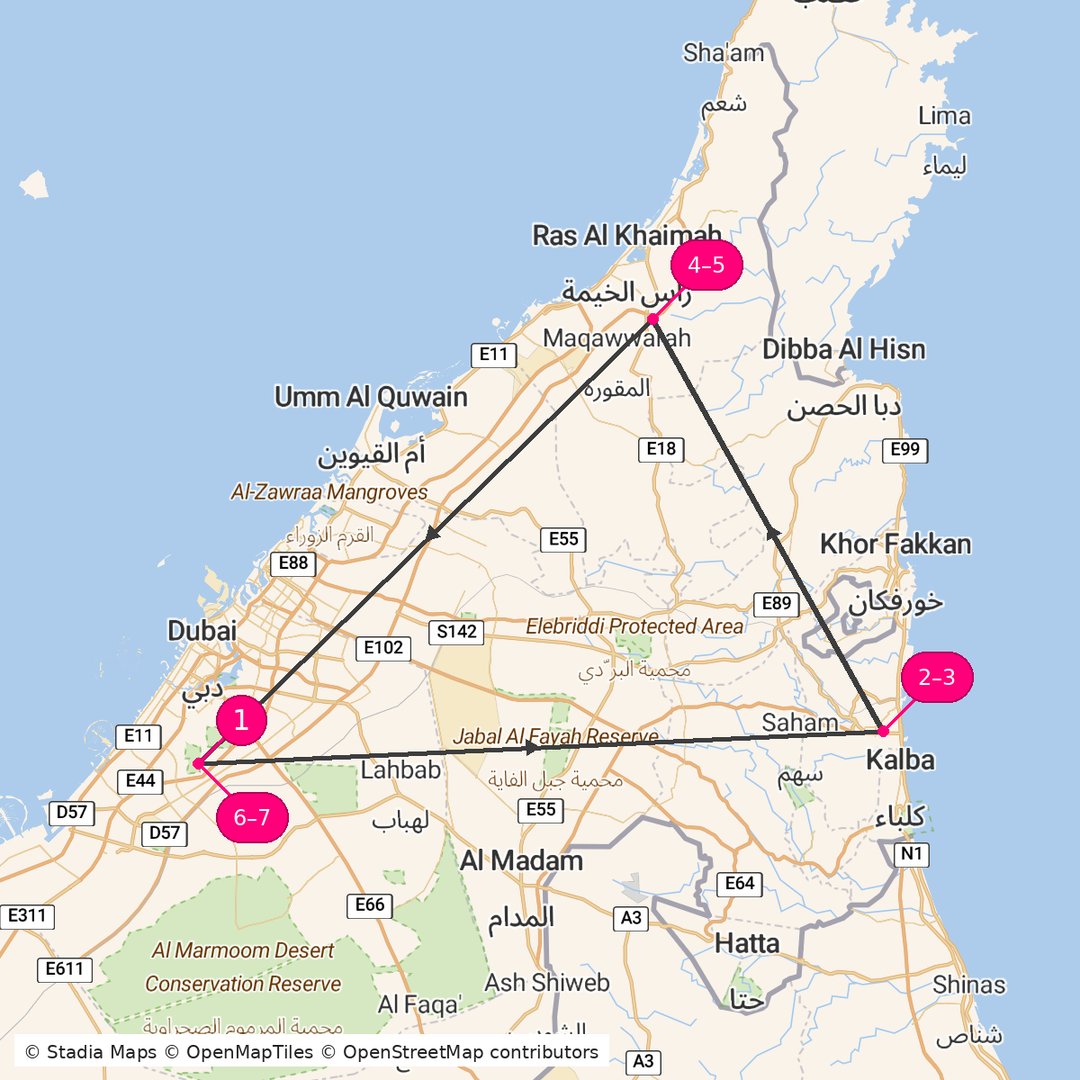 Itinerary route map for UAE Coastal and Mountain Escape