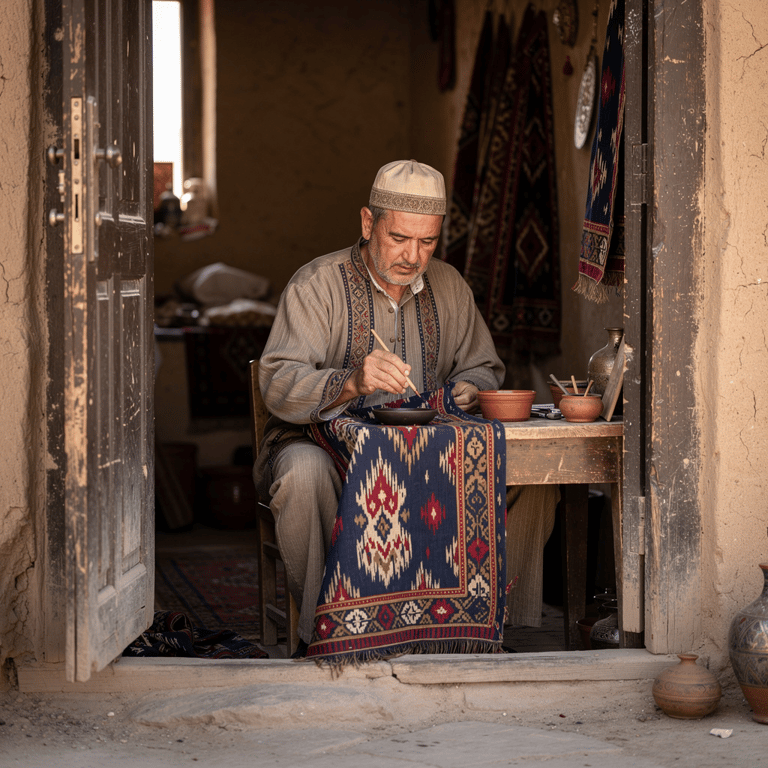Artisan hand-painting a traditional ikat silk robe in an arched workshop doorway, Bukhara old town, Uzbekistan
