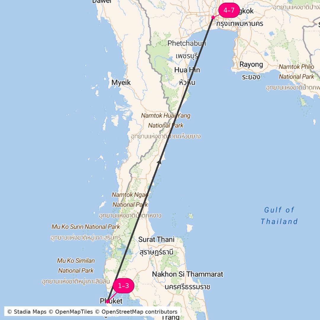 Itinerary route map for Thailand Highlights Tour