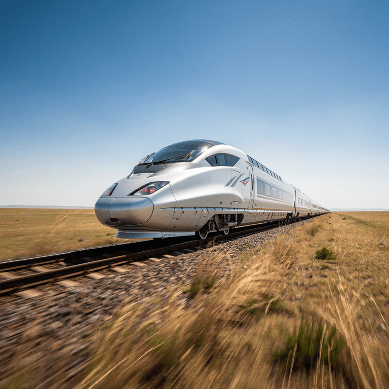 Afrosiyob high-speed train moving through flat steppe grassland at speed between Tashkent and Samarkand, Uzbekistan