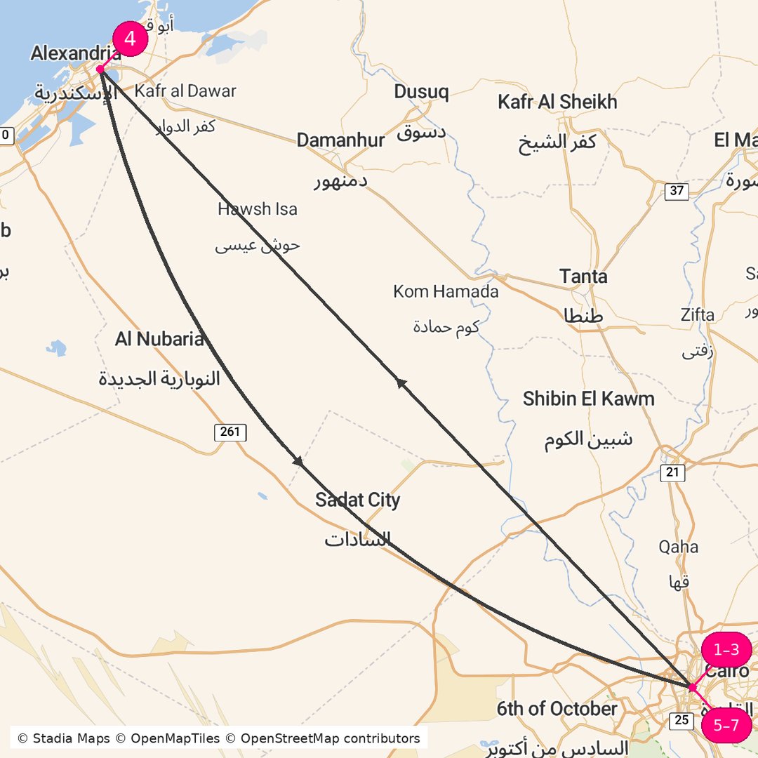 Itinerary route map for Egypt Timeless Journey
