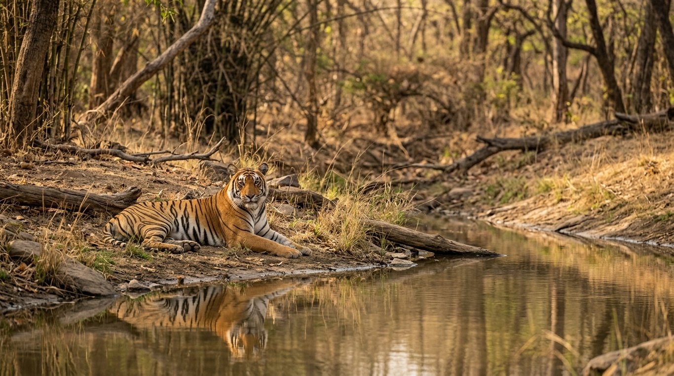 Bengal tiger resting near a waterhole in Bandhavgarh National Park, Madhya Pradesh, India, in April