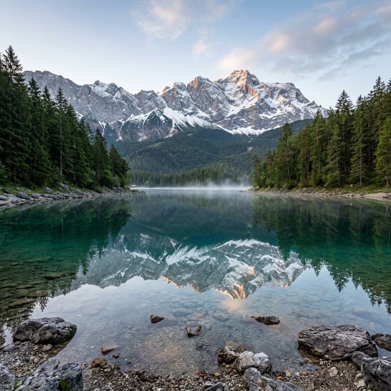 Lake Eibsee with turquoise water and the snow-capped Zugspitze reflected on the surface, Grainau, Bavarian Alps, Germany