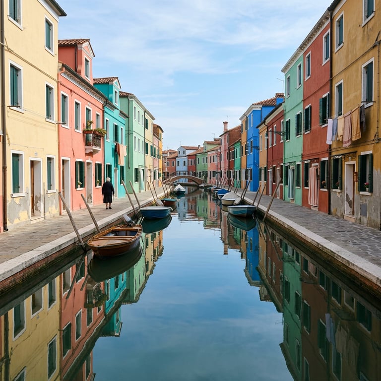 Brightly painted fishermen's houses reflected in a narrow canal on Burano island, Venice Lagoon, Veneto, Italy