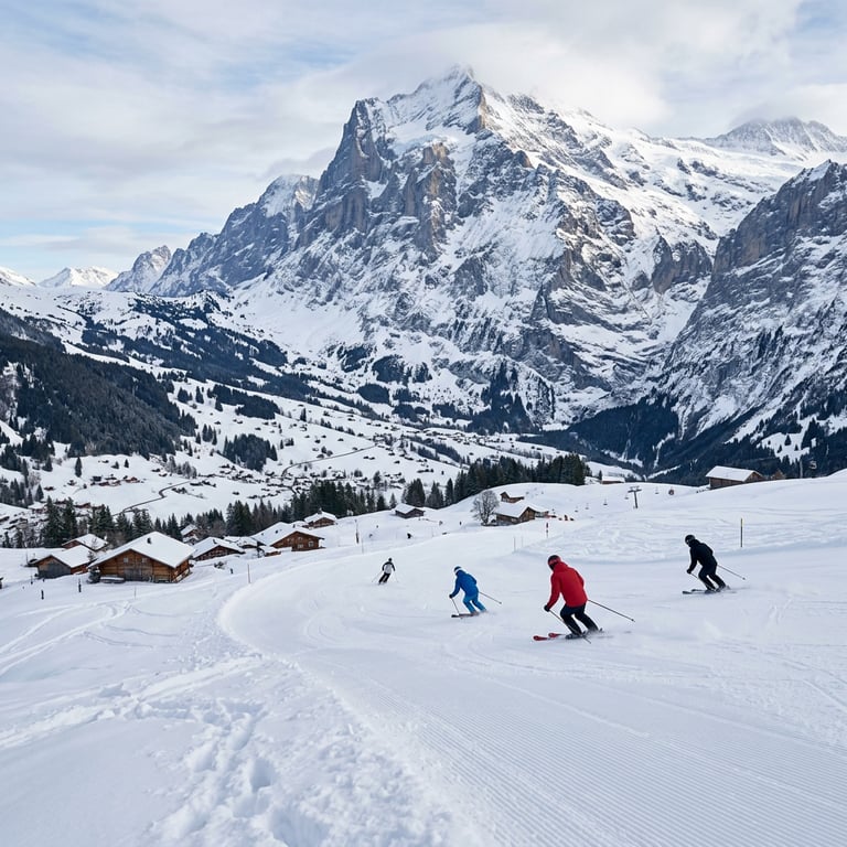Grindelwald ski resort in winter with skiers on a groomed piste and the Eiger north face rising above the snow-covered valley, Grindelwald, Bern Canton, Switzerland