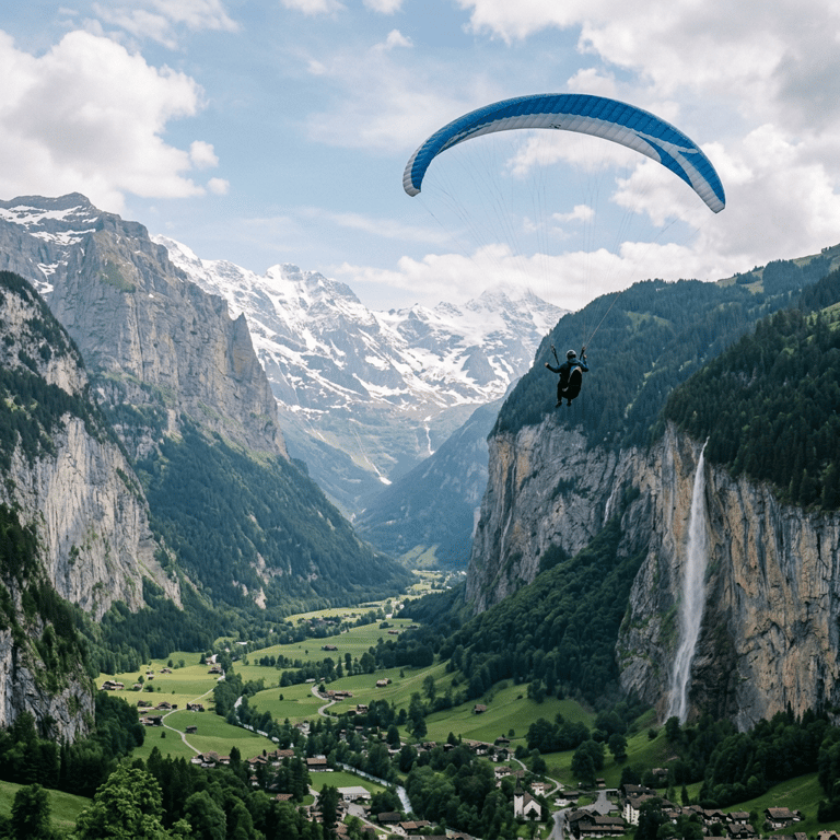 Paraglider above the Lauterbrunnen Valley floor with the Staubbach Falls dropping from the cliff face and the Bernese Alps behind, Lauterbrunnen, Switzerland