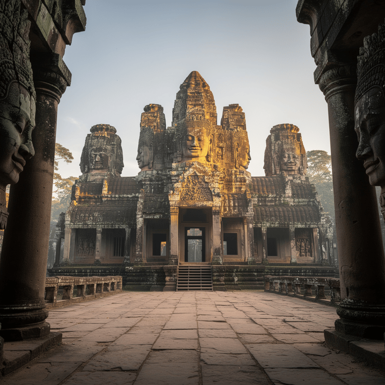 The 216 carved stone faces of Bayon Temple illuminated in warm morning light, viewed across the stone-paved inner courtyard of Angkor Thom, Siem Reap, Cambodia