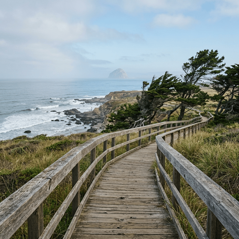 Blufftop boardwalk at Fiscalini Ranch Preserve above the Pacific Ocean with Monterey pines and the Central California Coast, Cambria, California