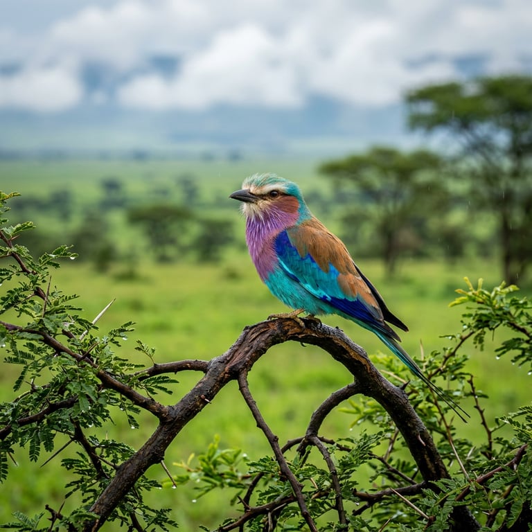 A lilac-breasted roller perched on an acacia branch in the green Serengeti in May with the lush rain-soaked plains behind, Serengeti National Park, Tanzania