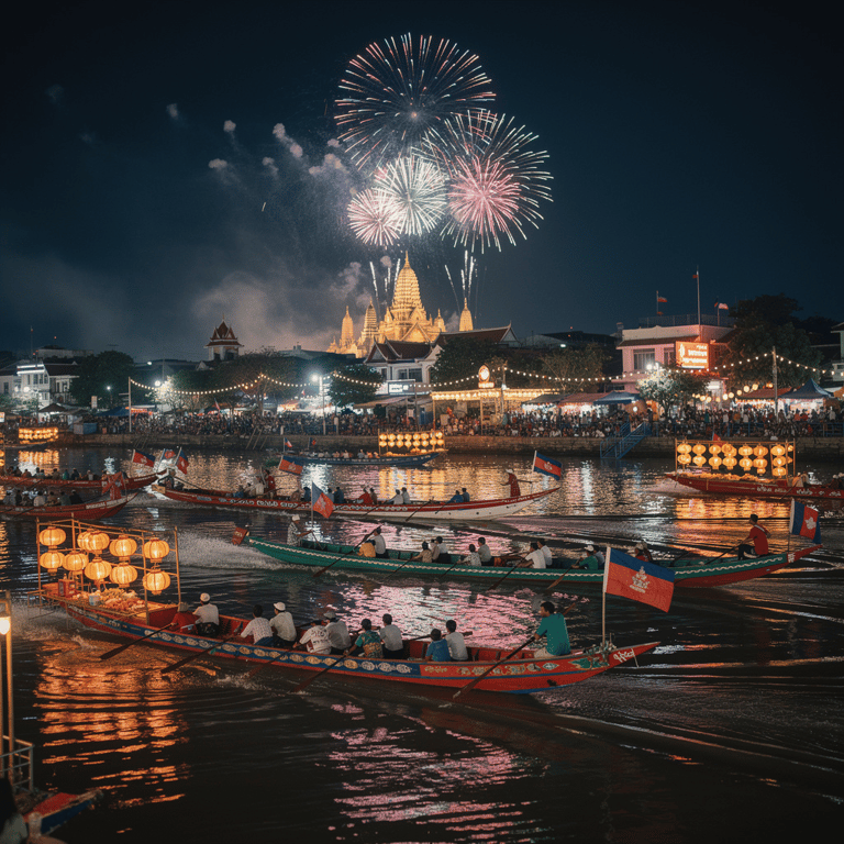 Long-boat race on the Mekong River during the Bon Om Touk Water Festival at night, decorated boats lit by lanterns and fireworks above the Phnom Penh waterfront, Cambodia