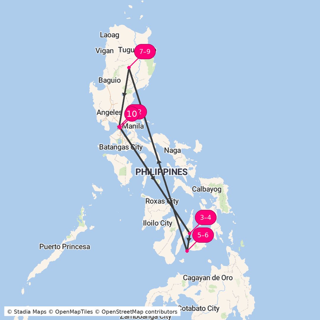 Itinerary route map for Philippines Island Discovery Tour