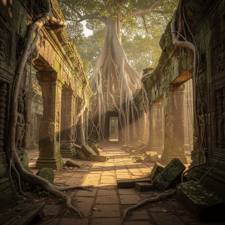 Giant silk-cotton tree roots engulfing the sandstone gallery walls of Ta Prohm Temple in dry-season dappled light, Angkor Archaeological Park, Siem Reap, Cambodia