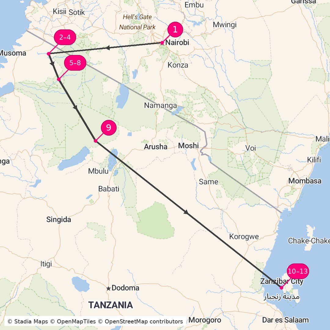 Itinerary route map for Kenya Tanzania Zanzibar Safari