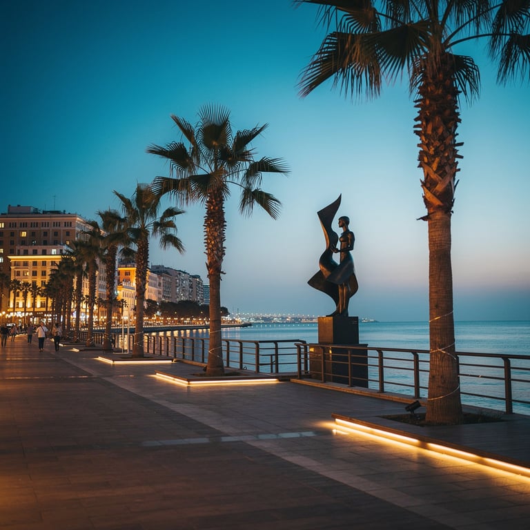 Batumi Black Sea boulevard at dusk with palm trees, the coastline lit, and the Ali and Nino sculpture silhouetted against the sky, Georgia