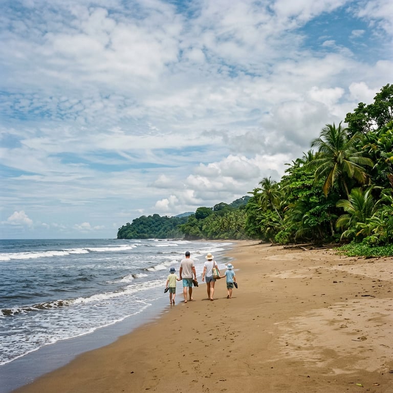 Family walking along a Pacific beach under partly cloudy skies in July in Costa Rica