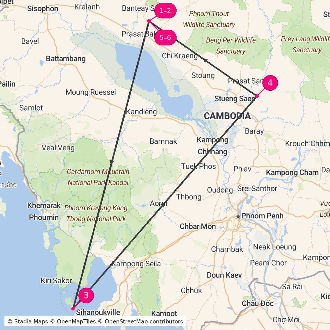 Itinerary route map for Cambodia Signature Explorer