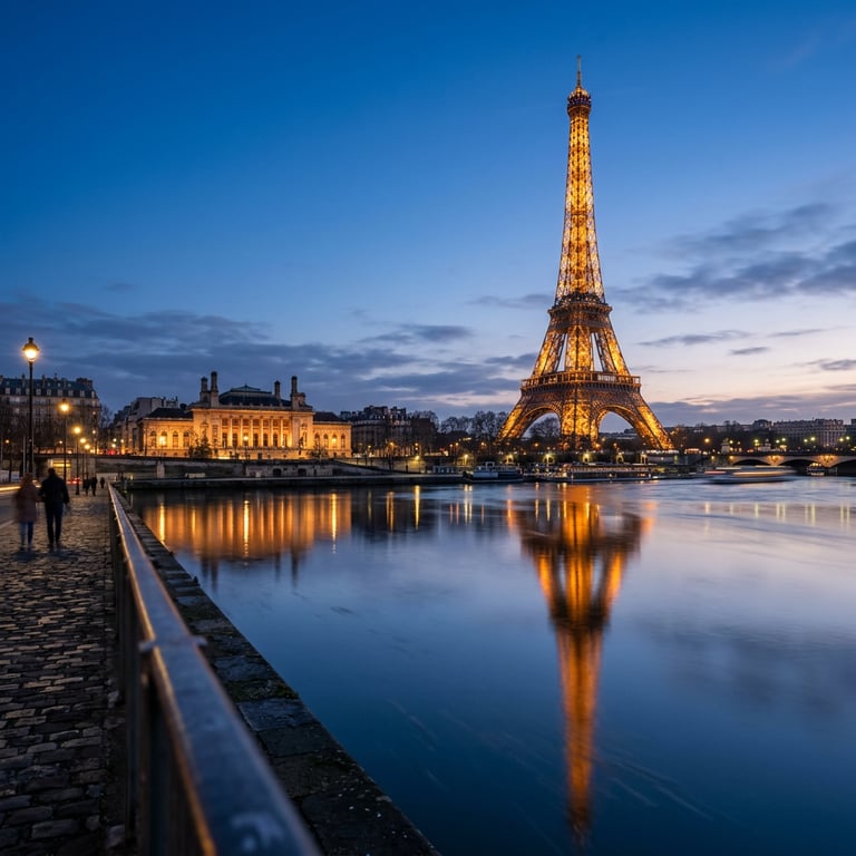 Eiffel Tower at blue hour reflected in the Seine with the Trocadéro lights and Paris rooftops behind, Paris, Île-de-France, France