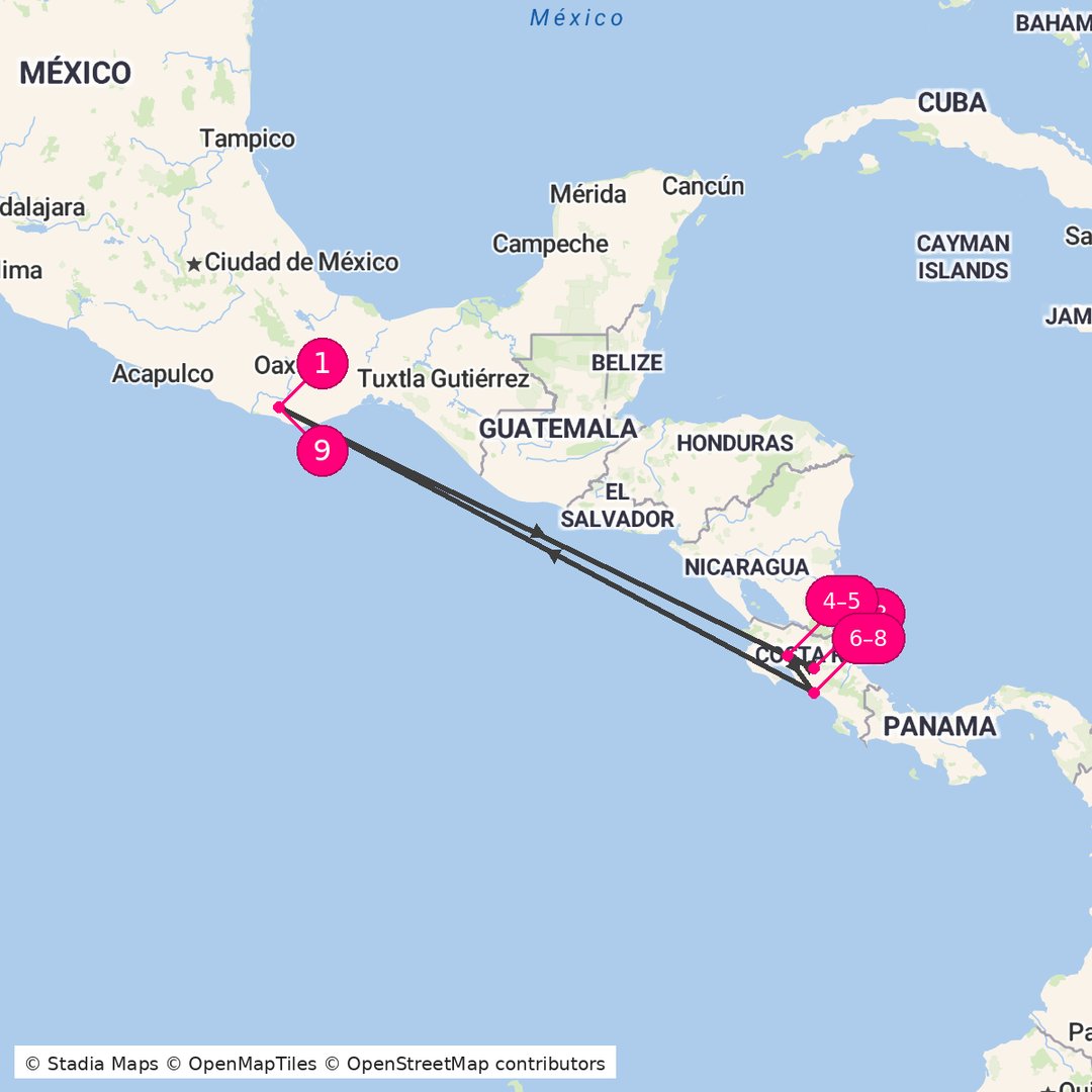 Itinerary route map for Costa Rica Volcano Coast Tour