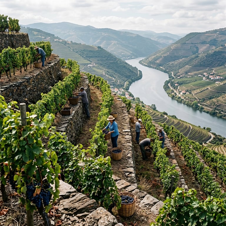 Grape pickers harvesting by hand on steep schist Douro Valley terraces in September with the river and valley below, Pinhão, Douro Valley, Portugal