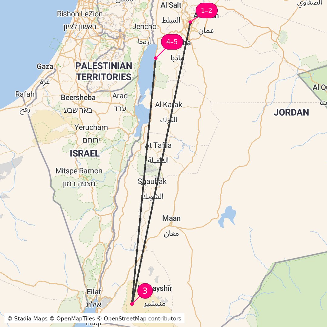 Itinerary route map for Jordan Dreams Retreat