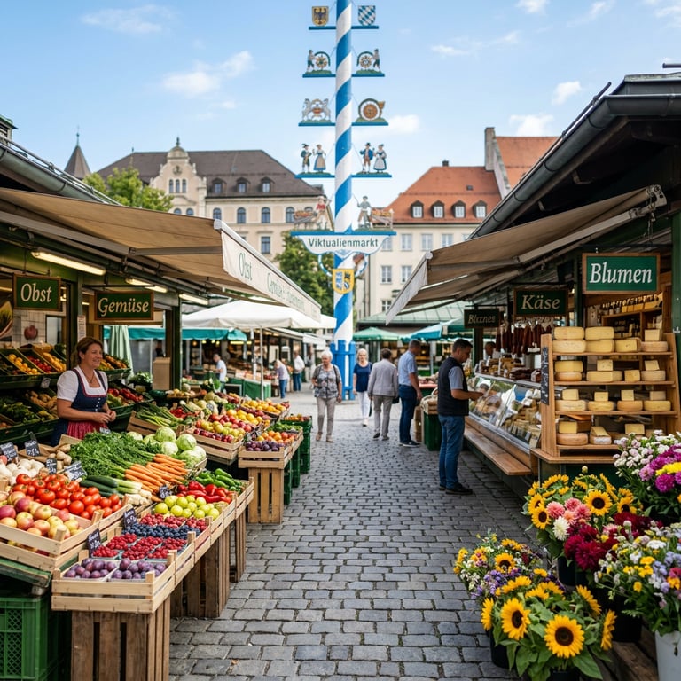 Viktualienmarkt open-air market in Munich with fresh produce, flower stalls, and the traditional maypole in the background, Altstadt, Munich, Bavaria, Germany
